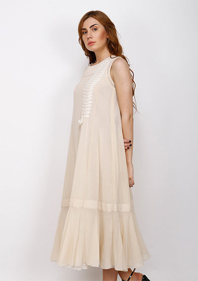 Off White Cotton Flared Sleeveless Dress