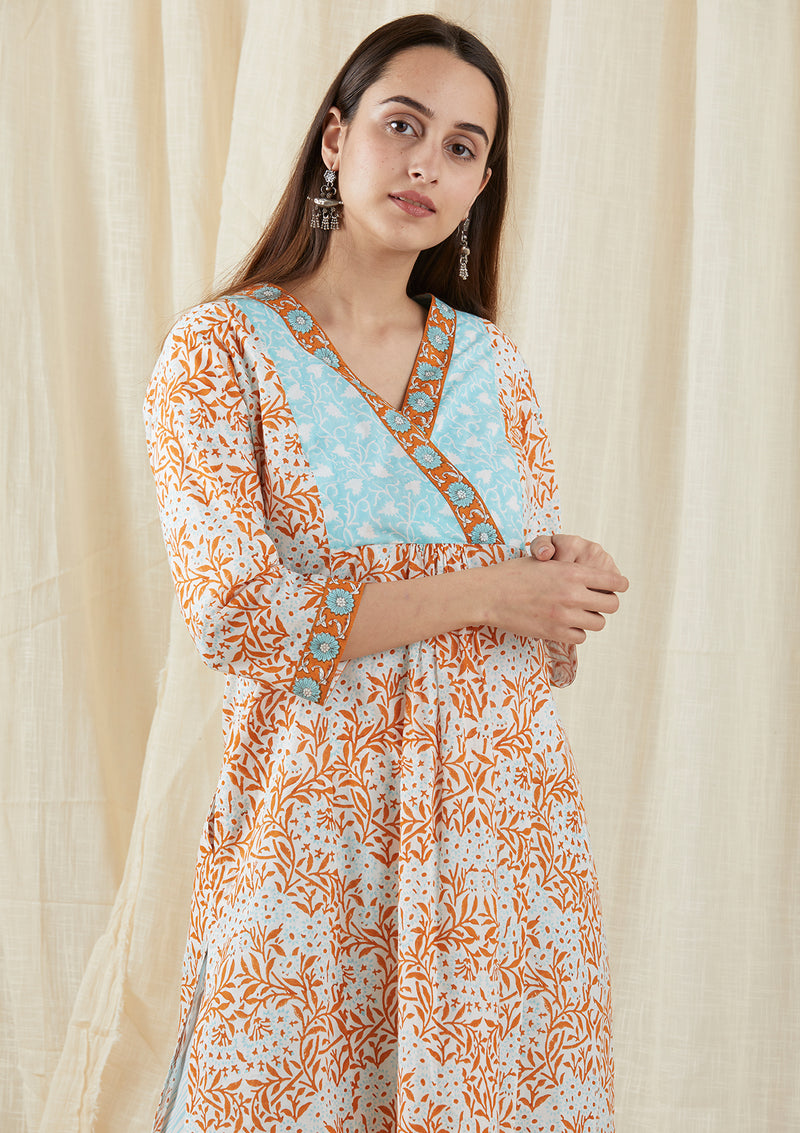 Pale Aqua-Orange Yoke Tunic